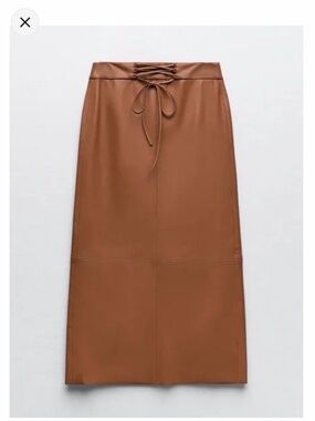 Zara Lace‎ Up Faux Leather Midi Skirt Camel Brown Tan. XS